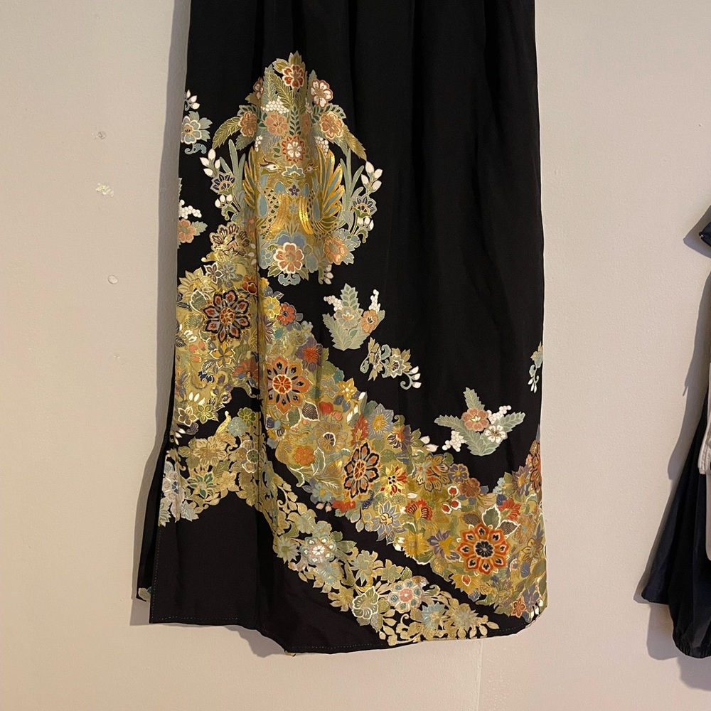 maxi skirt made from upcycled vintage kimono with gold and colorful floral embro